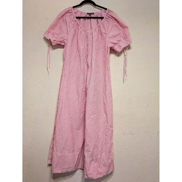 J.Crew Red Striped Dress Midi Puff Sleeve Tie Cuffs Casual XL (No Belt) - Picture 4 of 5